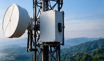 A microwave dish and telecom equipment mounted on a telecom tower