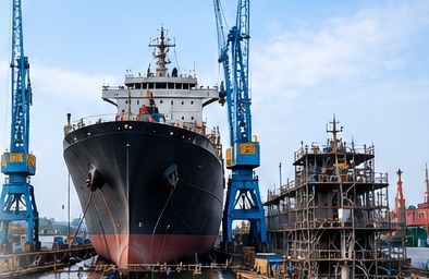A ship in dry dock surrounded by shipyard cranes